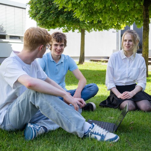 Auszubildende sitzen auf dem Rasen