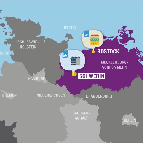Karte mit den DVZ Standorten Schwerin und Rostock